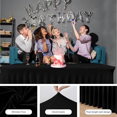 HolidayIdeas Black Spandex Table Skirts for Rectangle Tables 6ft, Fitted Stretch Table Cover 30x72 Inch, Wrinkle-Free Ruffle Design Tablecloths for Banquets,Trade Shows, Parties, Events, 2 Pack
