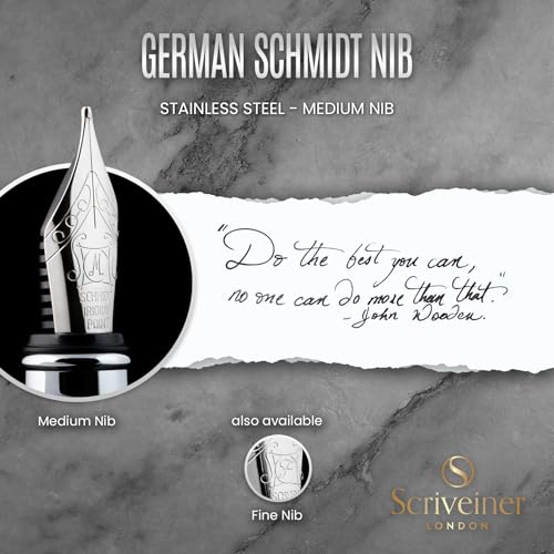 Image of Scriveiner Stainless Steel Fountain Pen - Stunning Luxury Pen with Steel Finish, Schmidt Steel Nib (Medium), Pen Gift Set for Men & Women, Professional, Executive Office, Nice Designer Pens