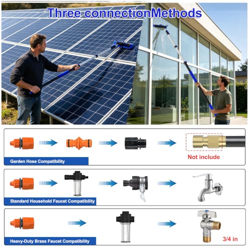 Image of 30FT Reach Solar Panel Cleaning Brush Kit with 5-24FT Telescoping Pole, 40FT Hose, 20 inch Water Fed Brush, Soap Dispenser, Cobweb Duster, Squeegee & High Ceiling Duster