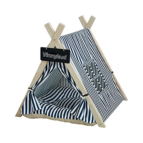 Vinnykud Pet Teepee with Cushion Dogs Tent Stripes Removable and Washable Portable Canvas Pet Teepee Tent with Window Dog Bed Play House for Dog Cat Rabbit Guinea Pig Cover