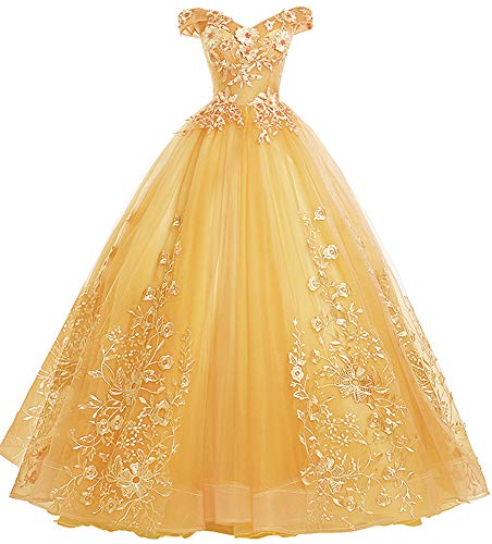 EileenDor Women's Quinceanera Dresses Lace Appliques Off Shoulder Ball Gown Sweet 16 Dresses with Pearl US2 Gold at Amazon Women's Clothing store