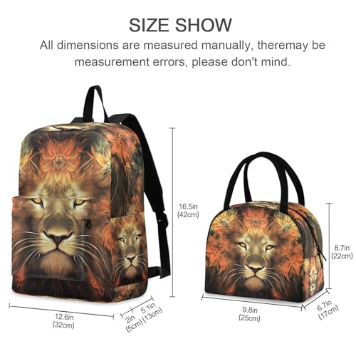 Fractal Lion Print Backpack Set with Lunch Bag, Large Capacity Travel Backpacks and Lunch Box Insulated for Commute Hiking Picnic2