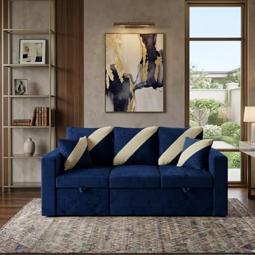Image of FURNY Trivia 4 Seater LHS Lounger Sofa Cum Bed (Dark Blue) with Pull-Out Function | Luxury Velvet Suede Finish | Durable Comfort | Ideal for Living Room