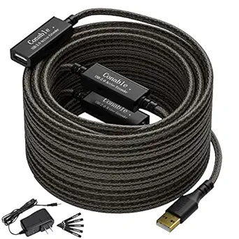 Long Active USB Extension Cable 150 Feet, 22AWG USB 2.0 Type-A Male to Female Cord with 3 Extension chipsets Signal Booster, Active Repeater Cable with an AC Power Supply, 5 Cable Ties- 150 ft (45.8M)