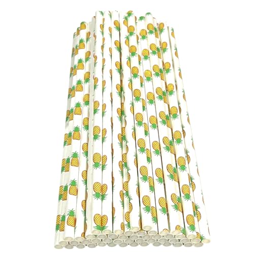 Haobase 50 Stück Papier Trinkhalme, biologisch abbaubare Papier Strohhalme für das Trinken von Cocktail, Kaffee, kalte Getränke (Obst-Muster) (Pineapple Pattern)