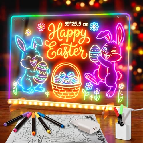 Pizarra LED Niños, Pizarra Luminosa Niños, Tablero de Dibujo LED 35x25 cm, 13 Efectos de Luz, Incluye Adaptador, Soporte, Cadena de Suspensión, Regalo para Cumpleaños Navidad