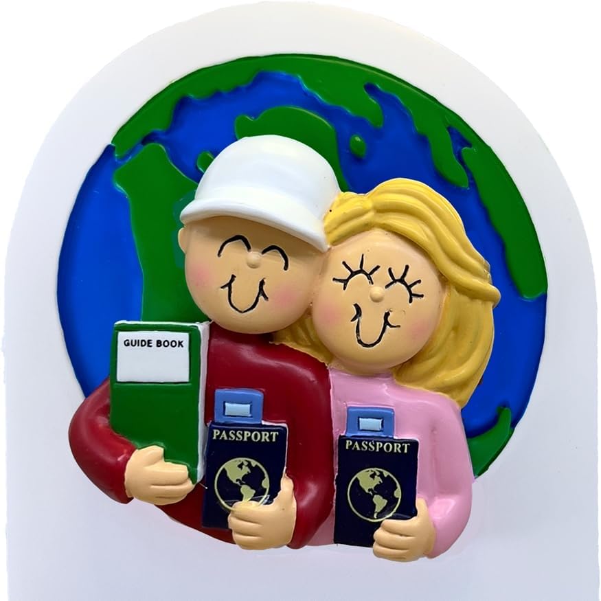 Pareja de viajeros del mundo con pasaporte, libro guía y globo personalizado adorno de Navidad masculino, femenino rubio