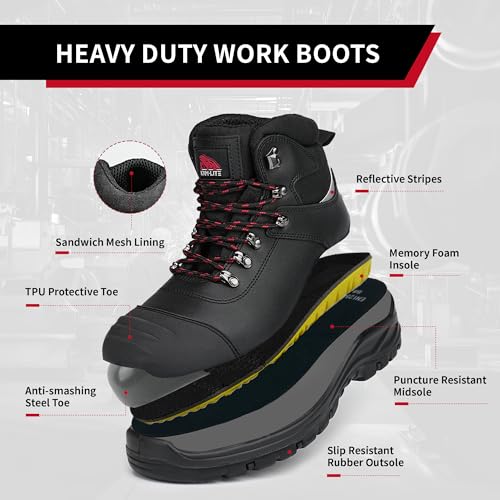 Work Boots for Men, Steel Toe Waterproof Safety Boots, Comfortable Non-Slip Puncture Resistant Durable Leather Heavy Duty Construction Industrial3