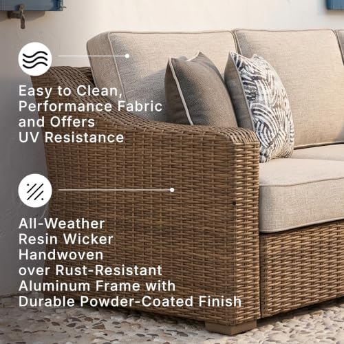 Image of Signature Design by Ashley Carmel Bay Outdoor Sofa, Handwoven Resin Wicker Patio Couch, Rust-Resistant Aluminum Frame, 3-Seater for Backyard or Sunroom, Beige, 84 inch W