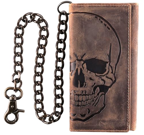 Image of F&L CLASSIC RFID Blocking Mens Tri-fold Long Style Cowhide Leather Steel Chain Wallet,brown distress with skull,212-70