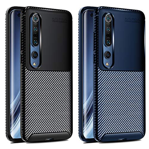ivoler 2 Unidades Funda para Xiaomi Mi 10 5G / Xiaomi Mi 10 Pro 5G, [Fibra de Carbono] Carcasa Ligera Silicona Suave TPU Gel Bumper Caso Case Cover con Shock- Absorción (Negro+Azul)