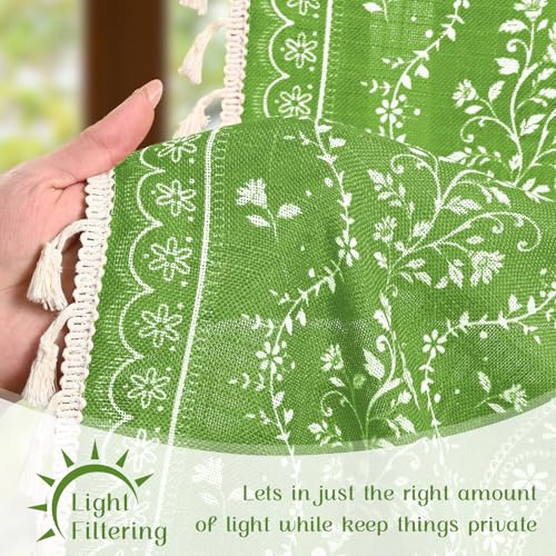Image of Yinhua Boho Valance Curtains Vintage Linen Green Kitchen Valances for Windows Light Filtering Bohemian Floral Valance Rod Pocket Farmhouse Tassel Window Valances for Bathroom Cafe, 52 inch W X 18 inch L