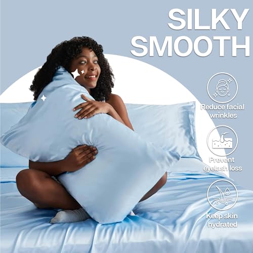 Image of MR&HM Satin Pillowcase for Hair and Skin, Silk Satin Pillowcase 2 Pack, King Size Pillow Cases Set of 2, Silky Pillow Cover with Envelope Closure (20x40, Light Blue)