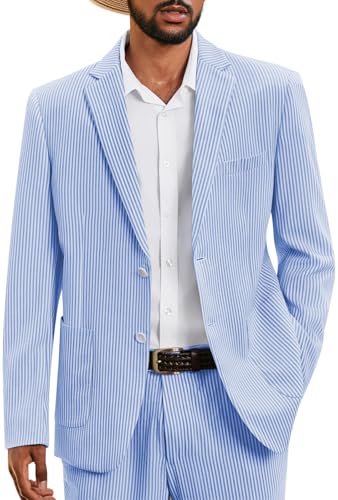 WEEN CHARM Mens Seersucker Suit 2 Piece Pinstripe Lightweight Suits for Summer Beach Wedding Kentucky Derby Outfit Formal Party Blue