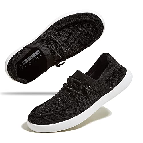 Image of BELOS Women's Rhinestone Lace Up Loafers Shoes Comfortable Slip On Mesh Knit Walking Shoes Fashion Lightweight Sparkly Glitter Sneaker