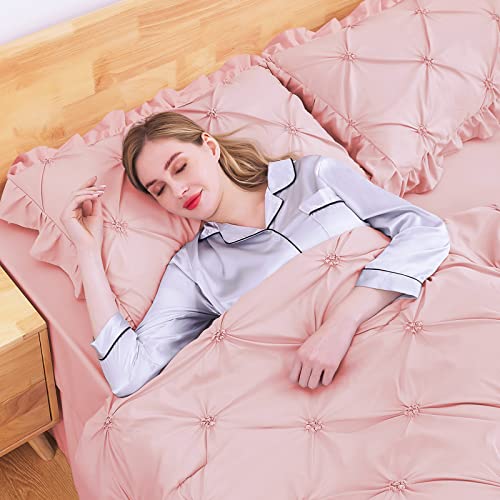 JOLLYVOGUE King Size Comforter Set 7 Pieces, Pink Bed in a Bag Comforter Set for Bedroom, Beddding Sets with Comforter, Sheets,Ruffled Shams & Pillowcases