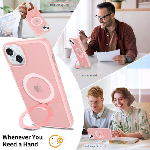 iYavvort Ultra-Magnetic Stand for iPhone 15/iPhone 14/iPhone 13 Case [Military Drop Protection] [Compatible with MagSafe] Shockproof Translucent Matte Slim Ring Holder Case (Pink) - image 3