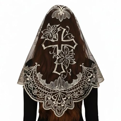 SLITHICE Embroidered Cross Lace Mantilla Veil for Catholic Mass Traditional Latin Mass Head Covering Chapel Veil for Church Weddings (Black&Gold)