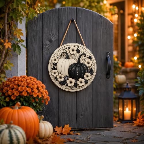 Image of Fall Decor - Black and White Pumpkin Wreath Door Sign for Front Door | Round Wooden Fall Pumpkin Hanging Decor for Front Porch | Autumn Thanksgiving Door Wall Decor - Fall Decorations for Home