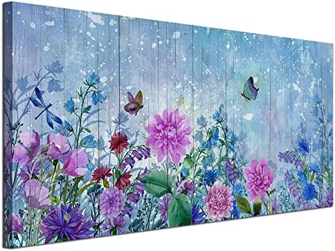 Acocifi Purple Botanical Canvas Wall Art Pink Flowers Butterfly Painting Summer Watercolor Landscape Floral Picture Large Artwork Framed for Bedroom Bathroom Living Room Farmhouse Office Home 40"x20"