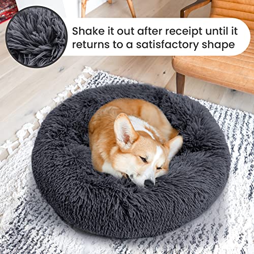 Lasaas Calming Dog Bed Donut Dog Bed For Small, Medium, Large Dogs Anti-Anxiety Cuddler Dog Bed & Cat Bed Faux Fur Washable Dog Bed Dark Grey S 24'' #TOP2