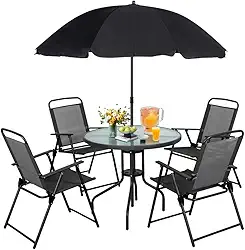 Conjunto de Mesa Redonda HollyWave Com Tampa de Vidro e 4 Cadeiras Dobráveis, Inclui Guarda-Sol Para Jardim, Varanda, Quintal, Piscina ou Área de Lazer Externa