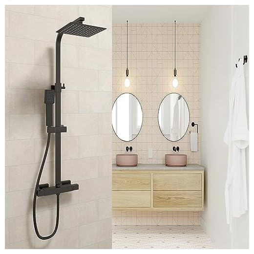 OCEAN ITALY Kit Doccia con Soffione, Doccetta, Miscelatore Quadrati, Soffione Doccia 20x20cm Acciaio Inox con Ugelli Anticalcare, Colonna Doccia Termostatico Antiscottatura, Nero Opaco