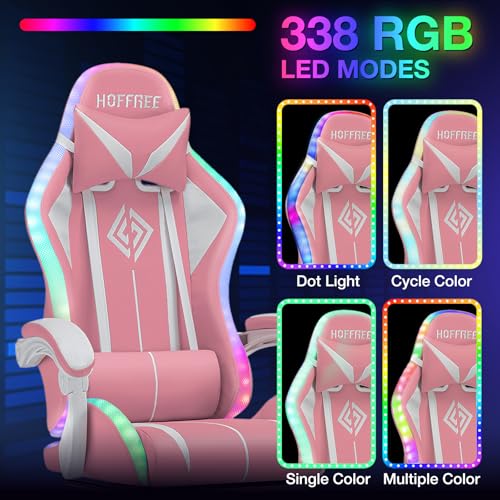 Image of HOFFREE Gaming Chair with LED RGB Lights with Massage and Footrest Ergonomic Computer Chair High Back Video Game Chair with Adjustable Lumbar Support Linkage Armrest Pink and White