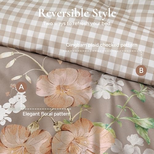Image of Andency Twin Size 5 Piece Reversible Bed in a Bag - Botanical Floral & Gingham Comforter Set, Farmhouse Vintage Rustic Comforter,Brown