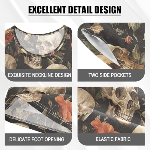 ALAZA Retro Skull Flowers Pajama Set Short Sleeve Sleepwear Soft Lounge Nightwear4