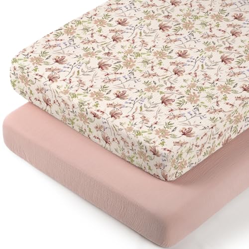Image of lulumoon Baby Bassinet Sheets Muslin: Cotton Bedside Bassinet Sheets Floral for Girls - Fitted for Bedside Sleeper Mattress