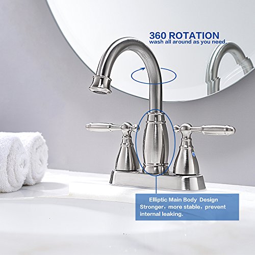 Brushed Nickel 2 Handles 4 Inch Stainlees Steel Lavatory Bathroom Faucet By Phiestina, Modern Contemporary Centerset Bathroom Faucet For Sink With Copper Pop Up Drain And Water Supply Lines, BF17-4-BN