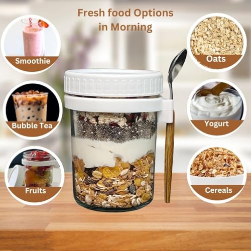 Image of COOLBIT Pack of 2 (350ml) Overnight Oats Containers Jar with Lids & Spoons, Glass Yogurt Parfait Cups, Meal Prep Snack Jars, Leakproof Food Storage for Breakfast, Dessert & Lunch.