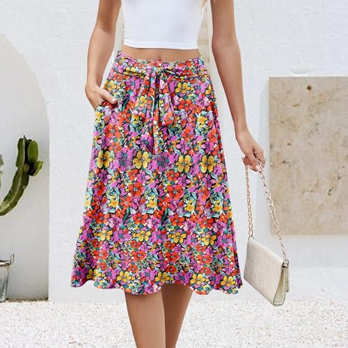 Women Summer Casual Skirts High Waist Trendy Loose Flowy Midi A-Line Skirt with Pockets Floral