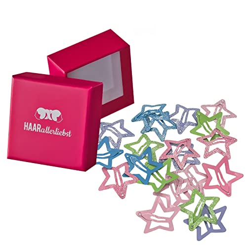 Haarallerliebst Fermagli per capelli piccoli per bambini – 20 pezzi a forma di stella con glitter colorati (3 cm) con scatola portaoggetti – ideale per capelli sottili e fini