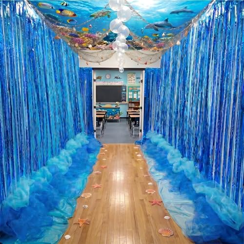 Moukeren 10 Pcs Under The Ocean Hanging Classroom Decorations Blue Foil Curtain Fringe Ocean Backdrop and Mesh Under The Sea Hanging Party Decor for Vbs 2026 Coastal Theme Party Photo Prop Background
