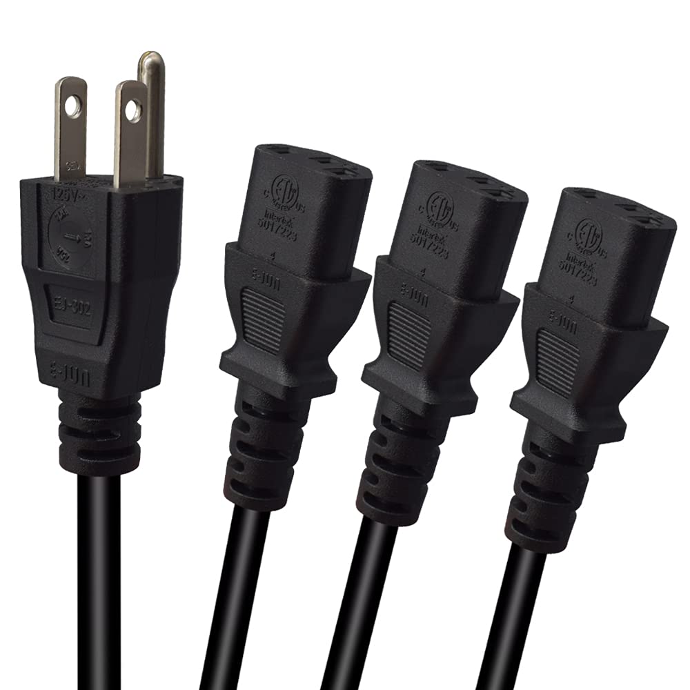 Cavo di alimentazione splitter a Y per computer, NEMA 5-15P a 3 prese IEC320 C13 femmina, 3 vie, cavo di alimentazione AC per computer, monitor, stampanti e televisori (1 m)