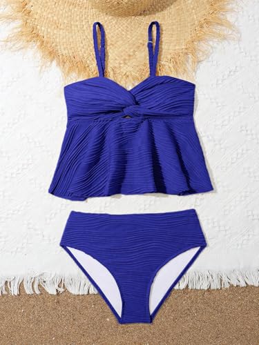 Image of OYOANGLE Girl's 2 Piece Tankini Swimsuit Textured Twist Front Ruched Ruffle Bikini Set Bathing Suits