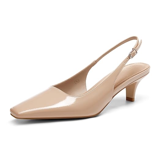 Coutgo Womens Kitten Low Heels Slingback Pumps Squared Point Toe Buckle Strap Wedding Party Dress Shoes