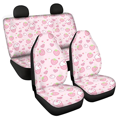 Image of Modysero Strawberry Print Pink Car Set Cover Full Set Durable Soft Front Rear Bench Seat Cover Set for Women Elastic Breathable Automotive Seat Protector Universal Fit All Cars Trucks