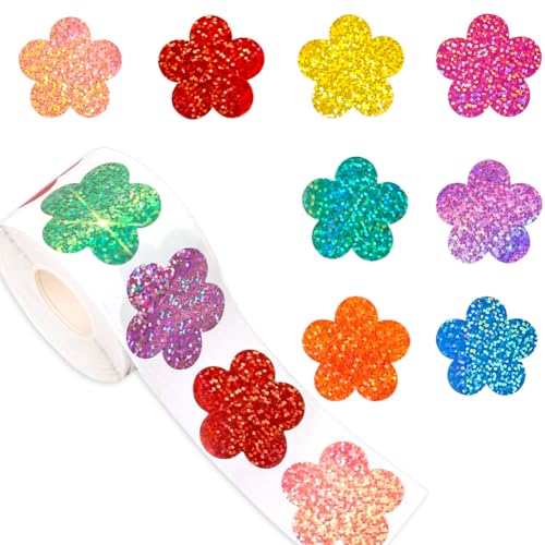 Image of 500Pcs Spring Vinyl Floral Stickers Roll 1in Glitter Stickers 8 Colors Flower Label Tag Self-Adhesive Classroom Reward Waterproof Decals for Envelope Bottle Birthday Party Decor