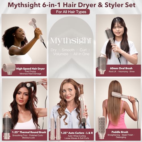 Mythsight StyleVibe 6-in-1 Air Styler, Hair Dryer & Blow Dryer Brush with Travel Case - Auto Wrap Curls (L/R), Fast Drying, Thermal Round Brush for Smooth Blowouts & Frizz-Free Volume, No Heat Damage