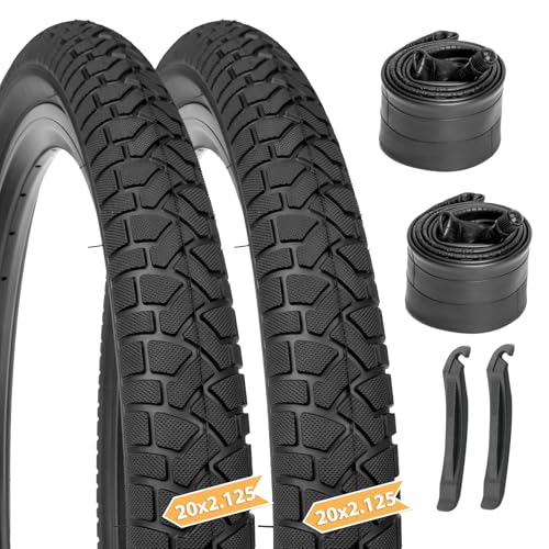 Hycline Kids Bike Tires and Tubes Set 2-Pack 20x2.125 Inch Folding Bicycle Tires with Butyl Rubber Inner Tubes & Tire Levers Block Tread All-Terrain Wear-Resistant Replacement for BMX MTB Bikes