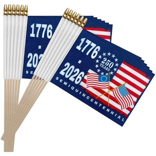 LoveVC 12 Pack 250th Anniversary Flag Small American Flag on Stick 1776-2026 Mini USA Patriotic Handheld Flags for 4th of July Outside Decorations 5x8 Inch