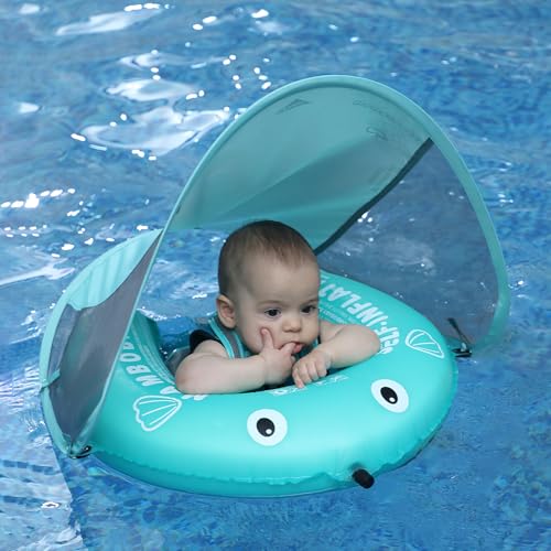 Image of Mambobaby Float Self-Inflating Baby Pool Float Compressible Pool Swim Float Infant Soft Solid Swimming Trainer Baby Float with Removable UPF 50+ UV Sun Protection Canopy, Green