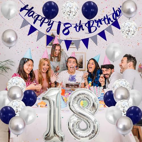 Image of 18th Birthday Decorations for Boys Girls, Blue Happy 18th Birthday Banner with Blue Silver 18th Balloons Cake Topper Number 18 Foil Balloonfor 18 Year Old Party Decoration