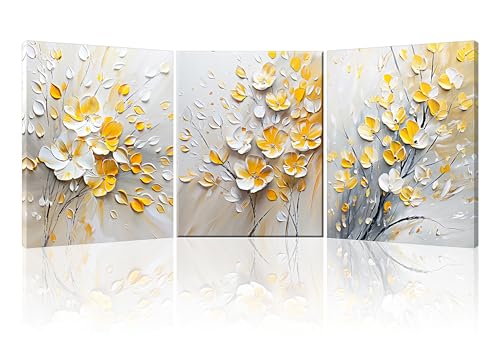 Piy Painting Conjunto De 3 Cuadro En Lienzo Dibujos Flores Modernas Blancas Y Amarillas Flora Imágenes Pintura Con Marco Posters Para Gráfica Decoracion De Pared Dormitorios Cocina Salon 30×40cm