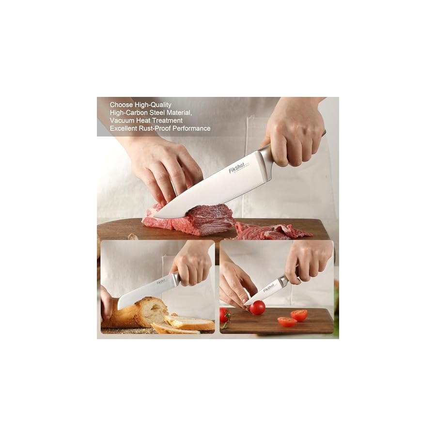 Knife Block Set, Kitchen Knife Sets with Block, FIKSHOT Knives Set - Razor-Sharp Santoku Knives, Fruit and Kitchen Sets - Rust Resistant for Homecooks (Silver + Walnut)