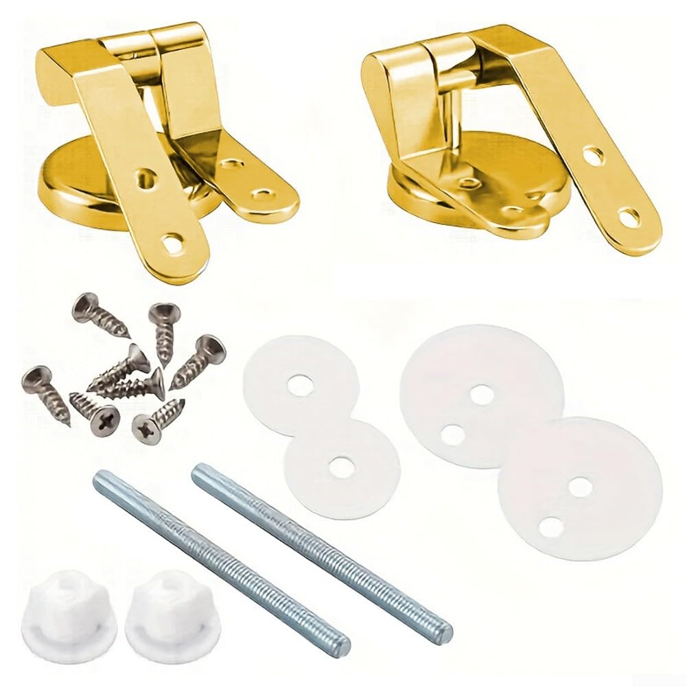 Gold Toilet Seat Hinges Replacement Kit with Mounting Hardware Zinc Alloy Metal Toilet Seat Fittings Adjustable Connectors with Screws Nuts Washers for Bathroom Toilet Repair Installation