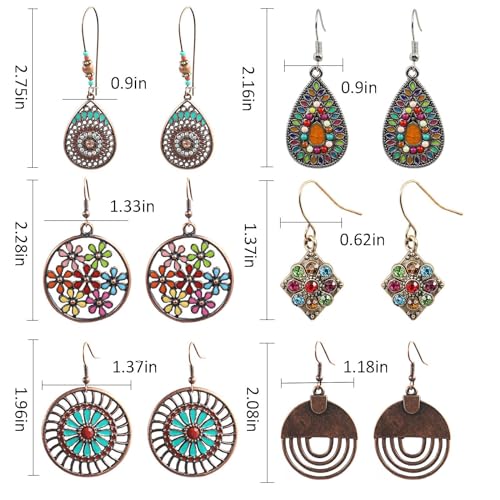 6 Pairs Bohemian Vintage Dangle Earrings Retro Rhinestone Teardrop Hollow Leaf Sunflower Earrings for Women Geometric Round Colorful Jewelry Earrings Set2